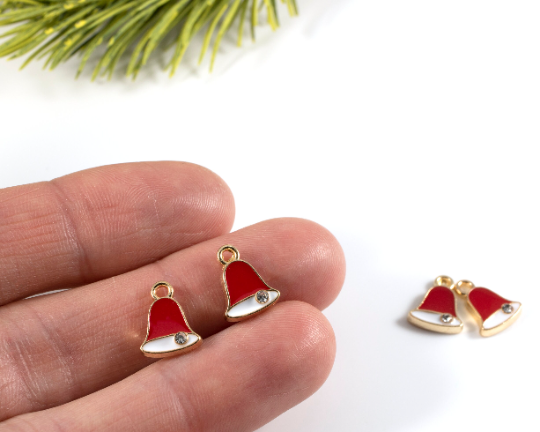 6 x Enamelled Christmas Bell Charms in Gold, 12x9mm