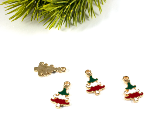 6 x Enamelled Christmas Tree Charms, 20x11mm