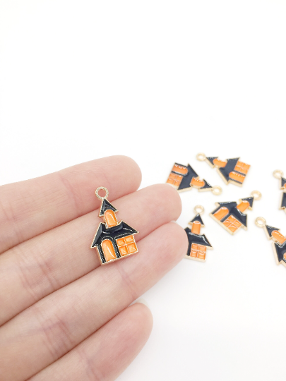 10 x Enamel Coated Haunted House Halloween Charms, 22x15mm (2868)