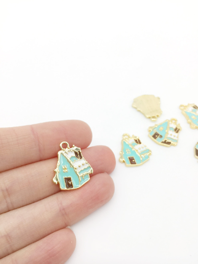 4 x Enamelled Christmas House Charms in Gold, 20x17mm (2912)