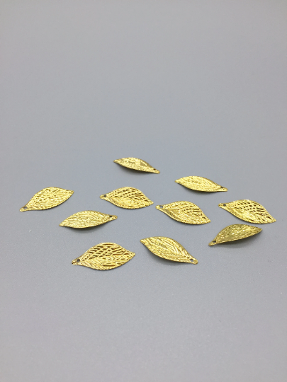 20 x Thin Embossed Gold Metal Leaf Charms for Tiara Making, 22x10mm