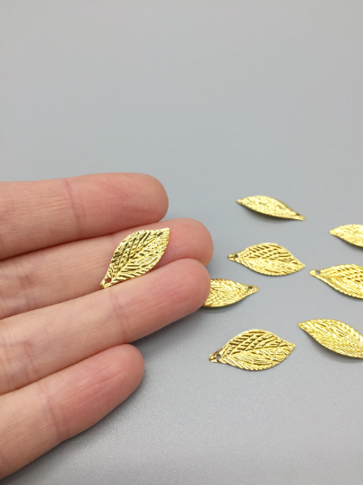 20 x Thin Embossed Gold Metal Leaf Charms for Tiara Making, 22x10mm