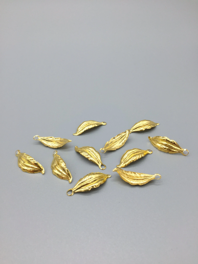 10 x 3D Gold Metal Curved Leaf Charms for Tiara Making, 25x9mm