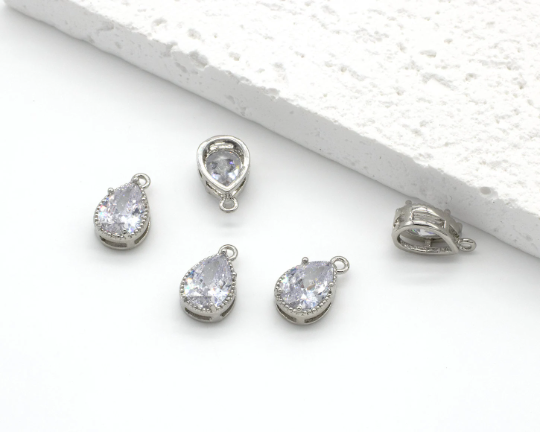 2 x Rhodium Plated Cubic Zirconia Teardrop Charms, 12x7mm (2823)