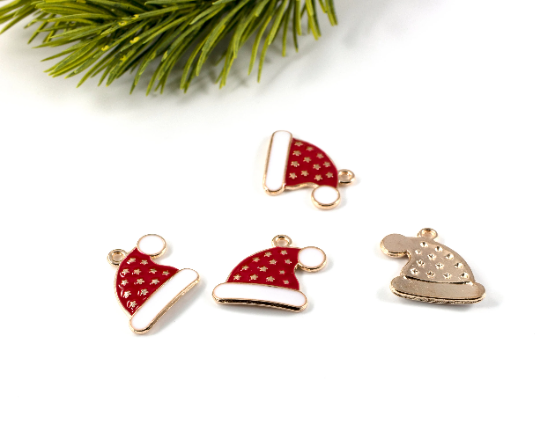 4 x Enamelled Santa Hat Charms, Christmas Pendants, 18x17mm (2891)