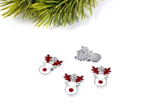 6 x Enamel Coated Silver Reindeer Charms, Christmas Rudolph Charms, 17x12mm (2898)