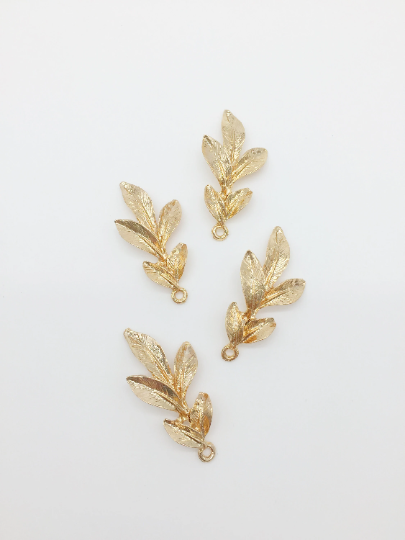 4 x Champagne Gold Textured Leaf Pendants for Headpiece Making, 46x23mm (3097)