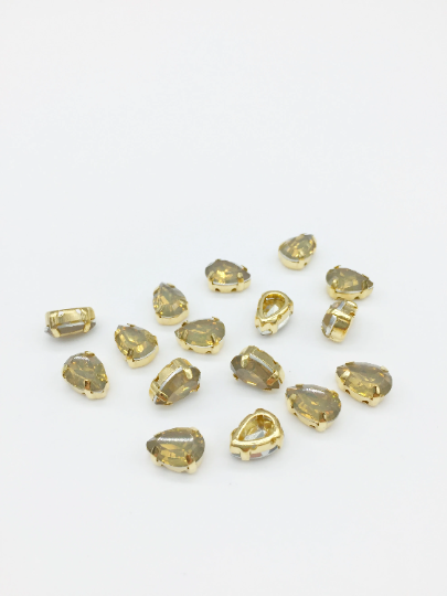 12 x 7x10mm Teardrop Coffee Opal Rhinestones, Sew-on Gold Base (3622)