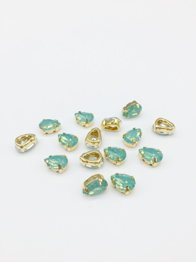 12 x 7x10mm Teardrop Pacific Opal Rhinestones, Sew-on Gold Base (3625)