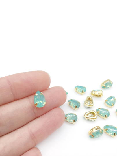 12 x 7x10mm Teardrop Pacific Opal Rhinestones, Sew-on Gold Base (3625)