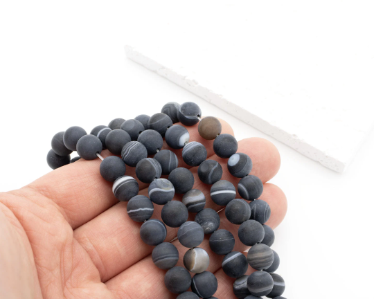 1 strand x 8mm Round Frosted Black Striped Agate Beads (3729)