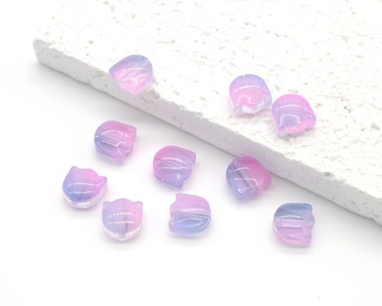 10 x Tulip Shaped Pink and Blue Glass Beads, 9x9mm (3730)