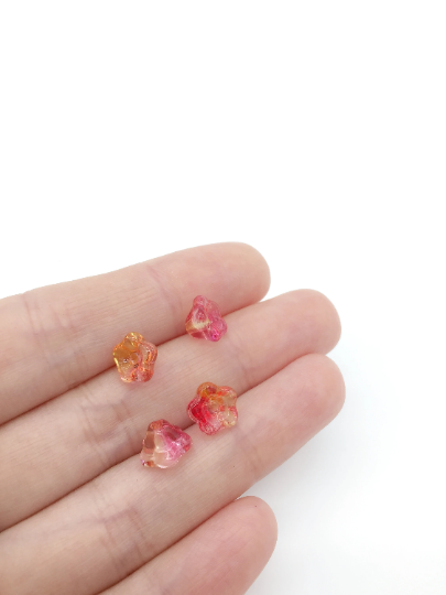 20 x Tiny Pink and Yellow Glass Trumpet Flower Beads, 8.5x5.5mm (3749)