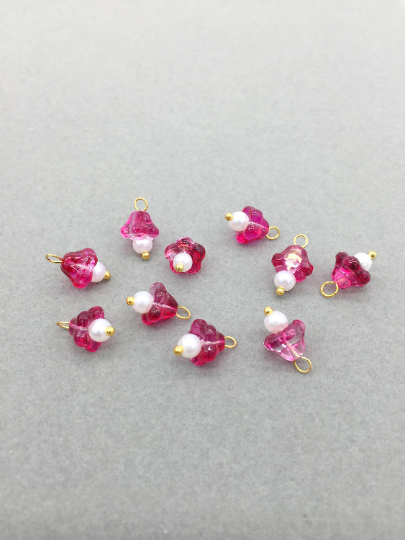 10 x Fuchsia Ombre Glass Trumpet Flower Charms with Pearl, 14x9mm (3751)