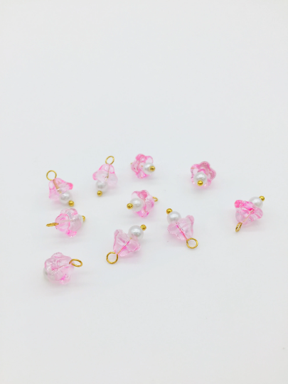 10 x Pink Glass Trumpet Flower Charms with Pearl, 14x9mm (3752)