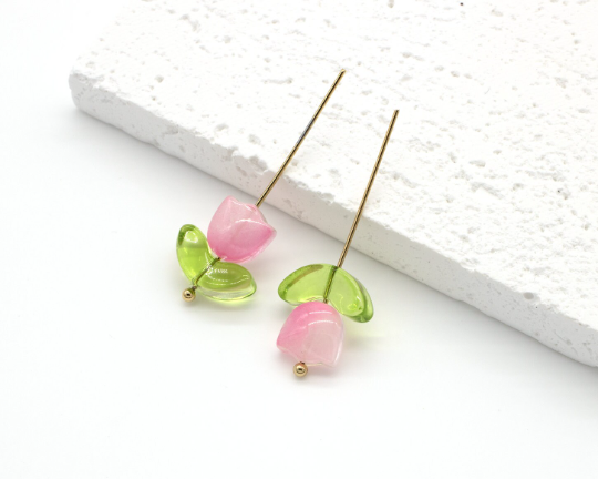 10 x Tulip Shaped Pink Glass Flower Beads, 9x9mm