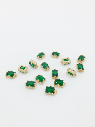 2 x Gold Plated Green Glass Rectangle Charms, 10x6mm (3766)