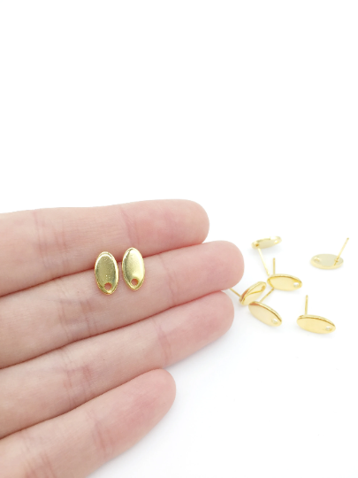 4 pairs x 24K Gold Plated Stainless Steel Oval Stud Earrings Findings, 6x11mm (3771)