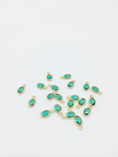 2 x 18K Gold Plated Tiny Green Glass Oval Charms, 9x5mm (3791)