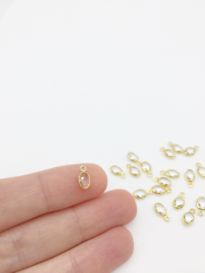 2 x 18K Gold Plated Tiny Clear Glass Oval Charms, 9x5mm (3792)