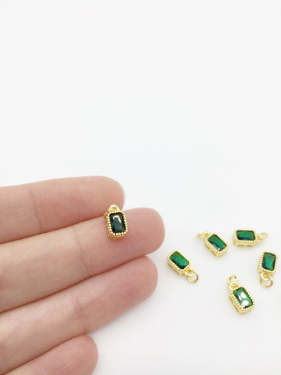 2 x 18K Gold Plated Green Cubic Zirconia Rectangle Charms, 9x5mm (3795)