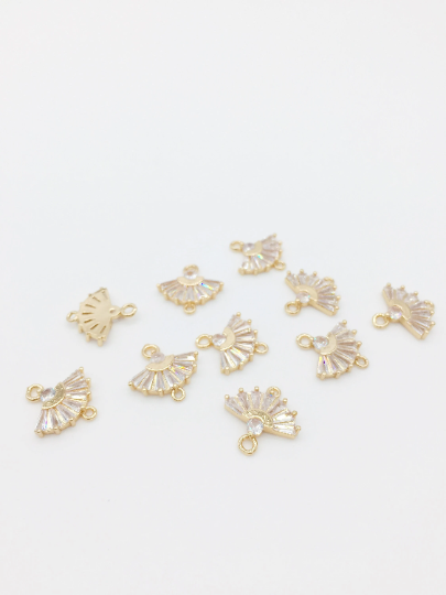 2 x 24K Gold Plated Cubic Zirconia Fan Shaped Jewellery Links, 15x15mm (3813)