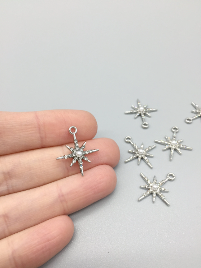 2 x Rhodium Plated Crystal and Pearl Star Charms, 21x18mm (3816)