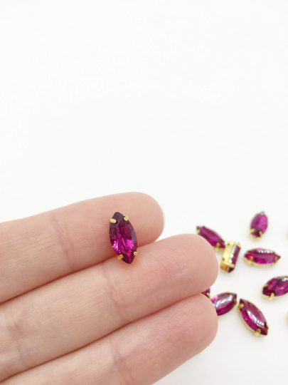 12 x 6x12mm Marquise Cut Fuchsia Opal Rhinestones in Gold Tone Sew-on Setting (3837)