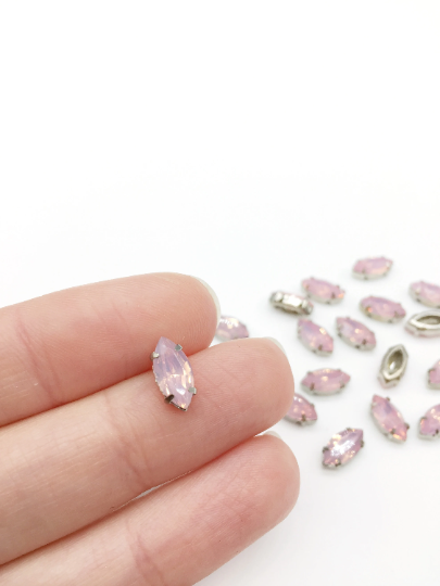 24 x 5x10mm Marquise Cut Pink Opal Rhinestones in Silver Tone Sew-on Setting (3855)