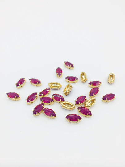 24 x 5x10mm Marquise Cut Fuchsia Opal Rhinestones in Gold Tone Sew-on Setting (3836)