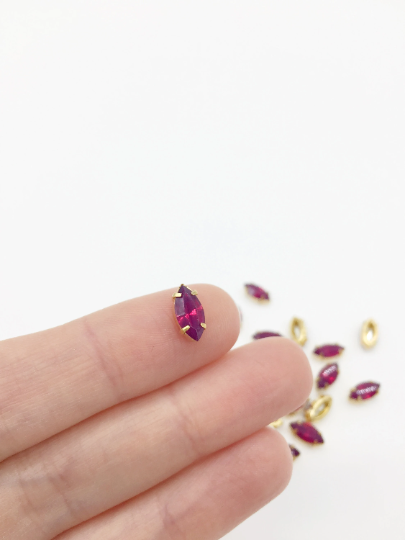 24 x 5x10mm Marquise Cut Fuchsia Opal Rhinestones in Gold Tone Sew-on Setting (3836)