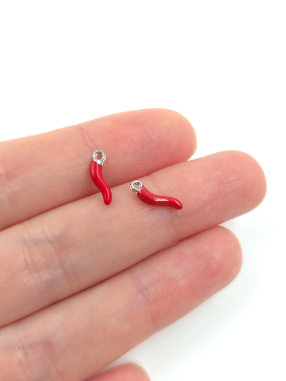 4 x Tiny Enamelled Red Chilli Pepper Charms, 12x3.5mm