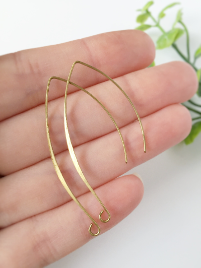 10 pairs x Raw Brass Long Flattened Earring Hooks, 50mm (C0603)