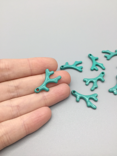 4 x Turquoise Enamel Coated Metal Coral Pendants, 25x15mm