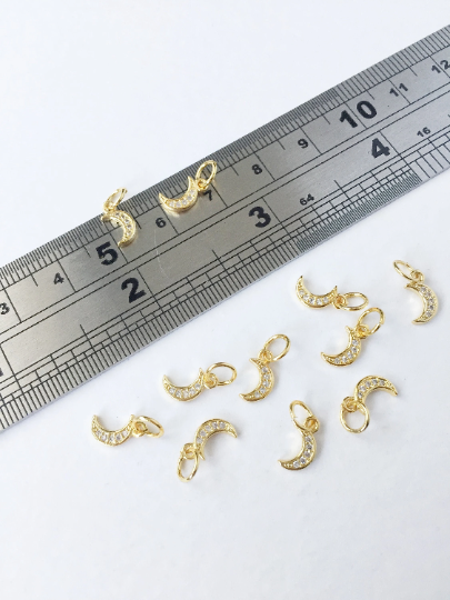 2 x 18K Gold Plated Tiny Moon Charms with Cubic Zirconia, 9x5mm (0566)