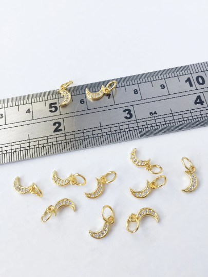 2 x 18K Gold Plated Tiny Moon Charms with Cubic Zirconia, 9x5mm (0566)