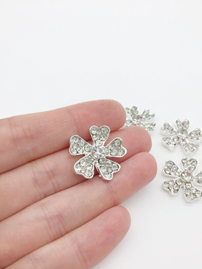 2 x Silver Crystal Flower Embellishments, 22mm (0937)