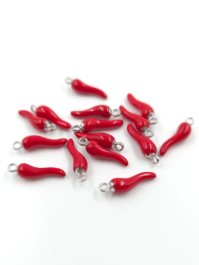 4 x Red Chilli Pepper Charms with Silver Loops, 18.5x5mm (4014)