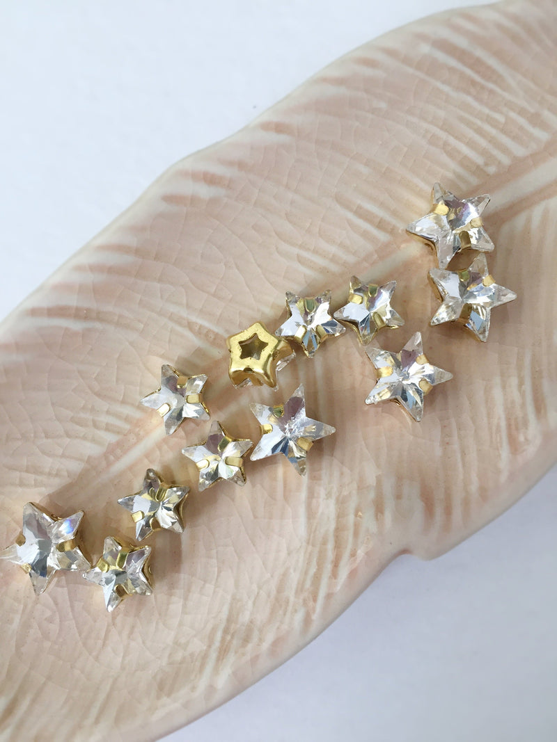 12 x 8mm Clear Crystal Star Rhinestones, Sew-on Gold Base (3483)