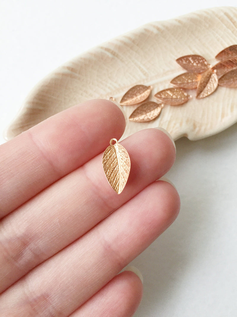 144 x Rose Gold Brass Leaf Charms, 15x8mm