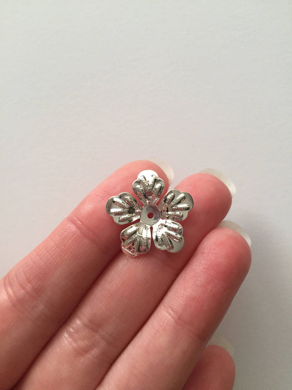 10 x Silver Plated Brass Flower Bead Caps, 21mm (D1)