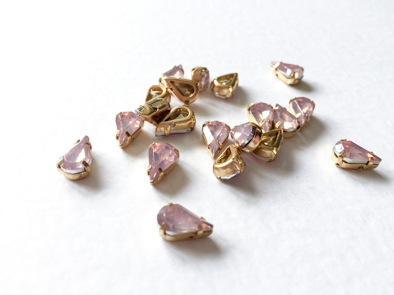 24 x 6x10mm Teardrop Pink Opal Rhinestones in Gold Tone Sew-on Setting (3620)