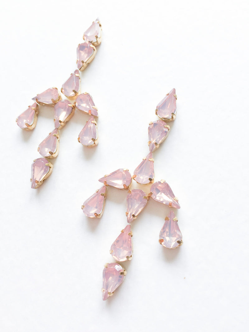 24 x 6x10mm Teardrop Pink Opal Rhinestones in Gold Tone Sew-on Setting (3620)