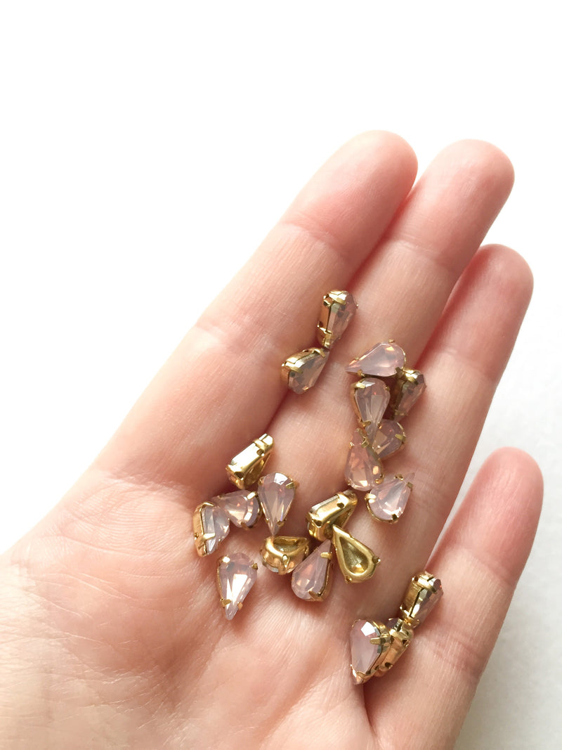 24 x 6x10mm Teardrop Pink Opal Rhinestones in Gold Tone Sew-on Setting (3620)