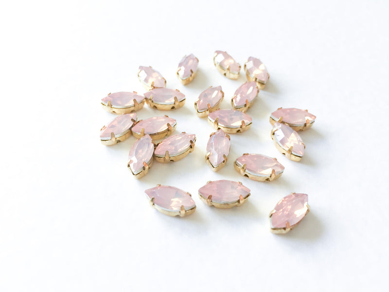 24 x 5x10mm Marquise Cut Pink Opal Rhinestones in Gold Tone Sew-on Setting (0761)