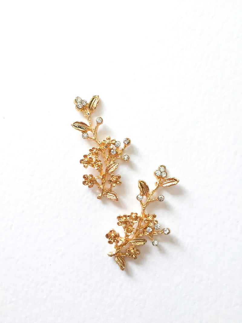 2 x Gold Flower Branch Charms with Crystals, 50x24mm