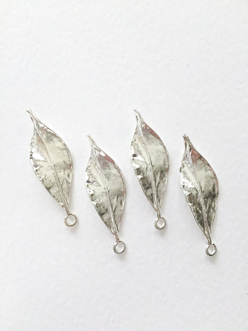 4 x Large Silver Plated Metal Leaf Charms, 50x15mm