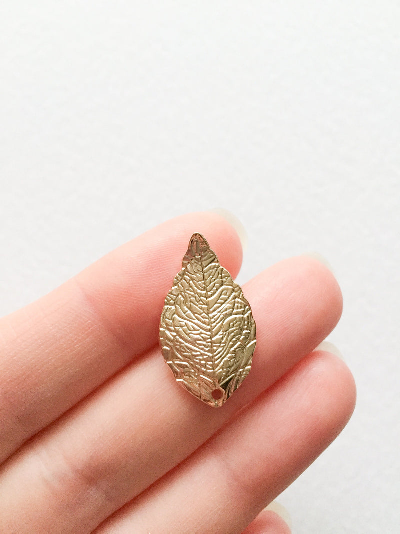 8 x Champagne Gold Tone Textured Leaf Pendants, 20x14mm