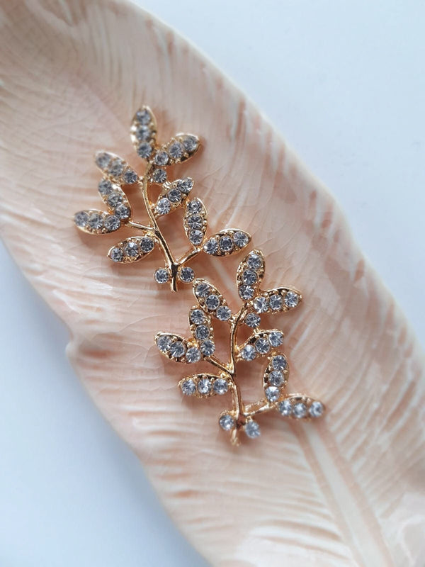 2 x Gold Leaf Branches with Diamante Rhinestone, 33x30mm (C5)