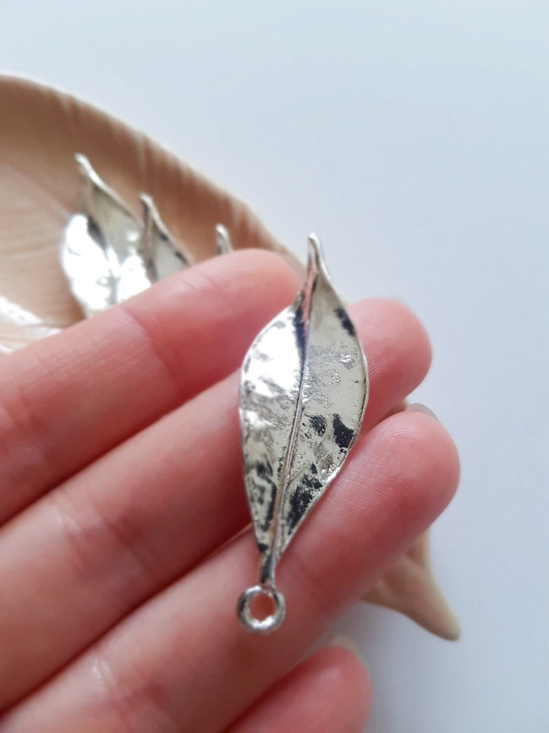 4 x Large Silver Plated Metal Leaf Charms, 50x15mm